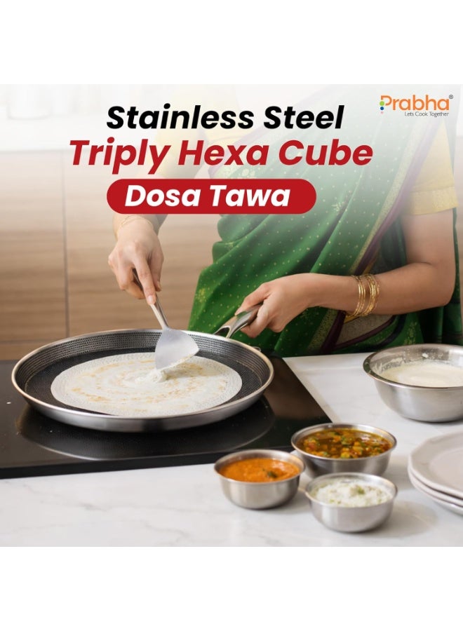 Prabha Stainless Steel Dosa Tawa | Triply Hexa Cube Roti Tawa 30cm | Dosa Tava Non Stick Marble Coating Induction Base & Gas Stove Compatible | Food-Grade Steel Sturdy Handles - Image 2