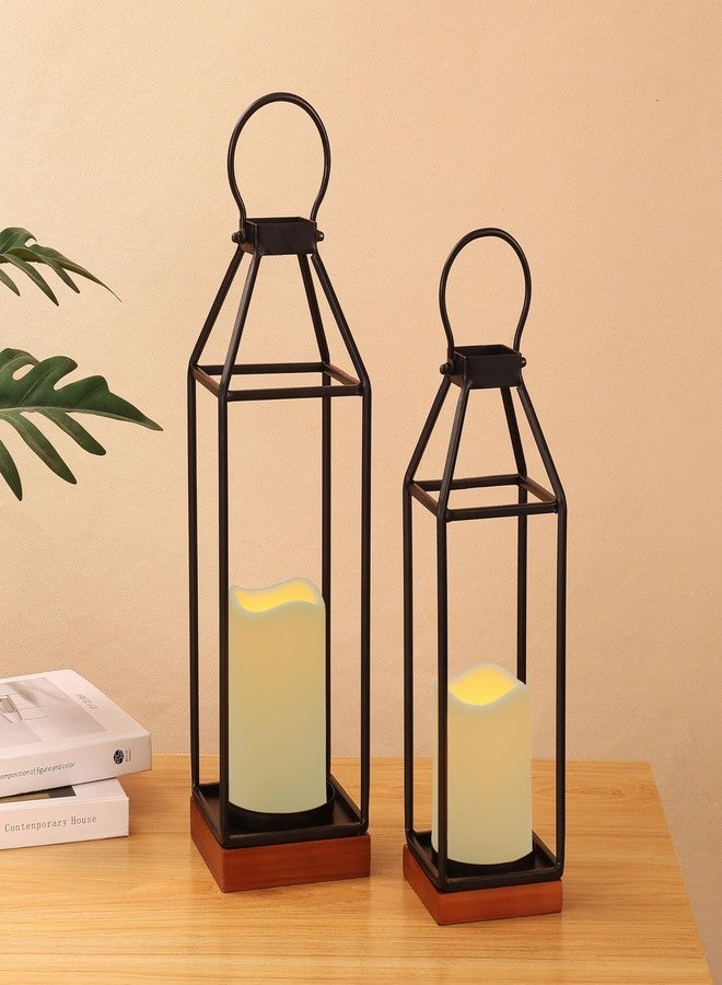 PERFNIQUE Black Metal Candle Lanterns Set of 2 Lanterns Decorative with Flickering Timer Candles (17.9‘’&15‘’ Wooden Base) - Image 3
