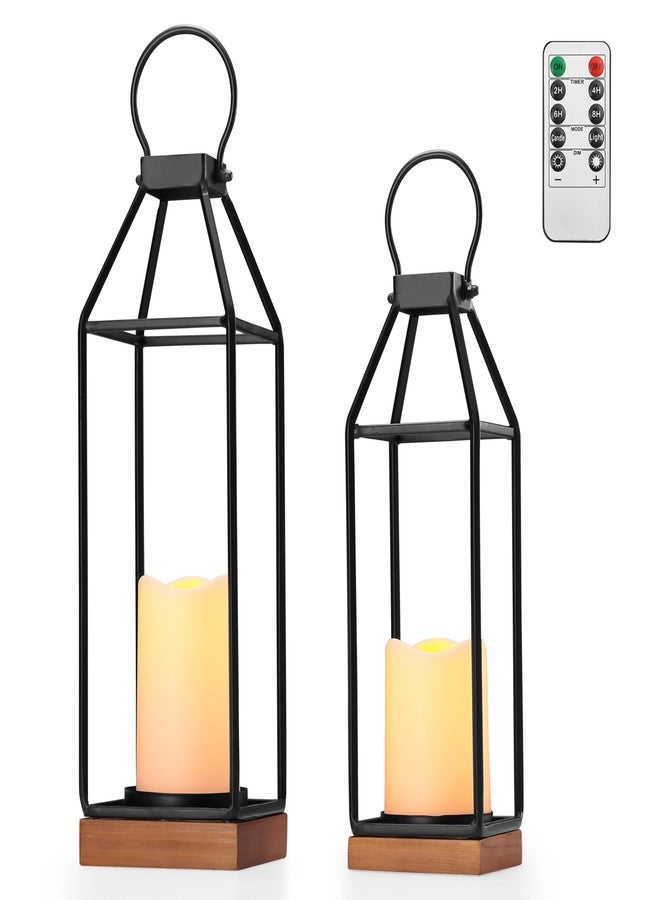 PERFNIQUE Black Metal Candle Lanterns Set of 2 Lanterns Decorative with Flickering Timer Candles (17.9‘’&15‘’ Wooden Base) - Image 1