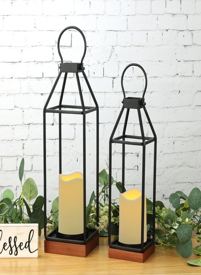 PERFNIQUE Black Metal Candle Lanterns Set of 2 Lanterns Decorative with Flickering Timer Candles (17.9‘’&15‘’ Wooden Base) - Image 2