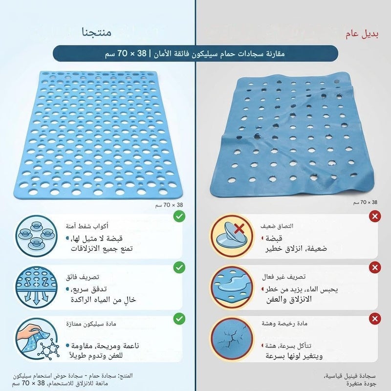 Shower Mat - Silicone Non-Slip Bath Mat for Bathtub, 38x70cm (bIue) - Image 5