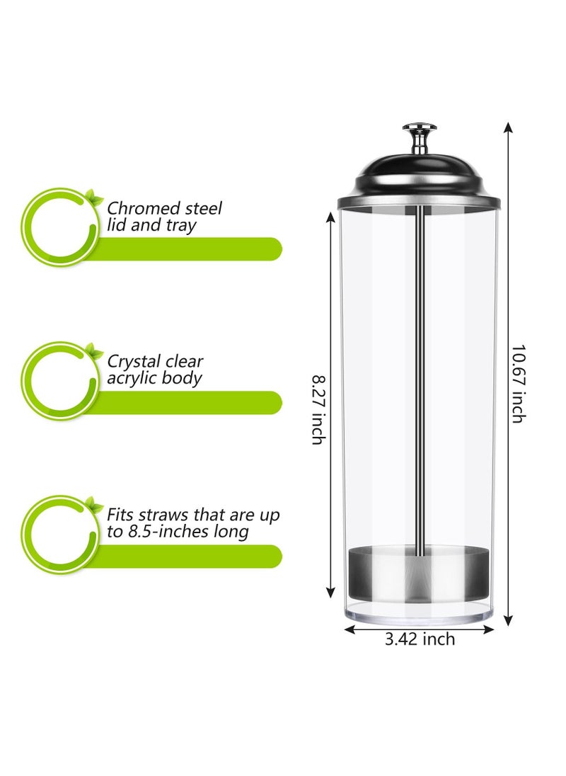 Straw Dispenser, Stainless Steel Plastic Drinking Straw Organizer Container with Lid, Transparent Drinking Straw Holder (27cm / 10.6in, Drinking Straw is Not Include)