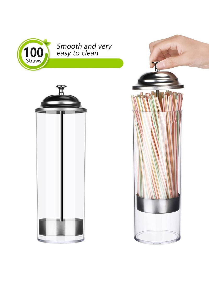Straw Dispenser, Stainless Steel Plastic Drinking Straw Organizer Container with Lid, Transparent Drinking Straw Holder (27cm / 10.6in, Drinking Straw is Not Include)