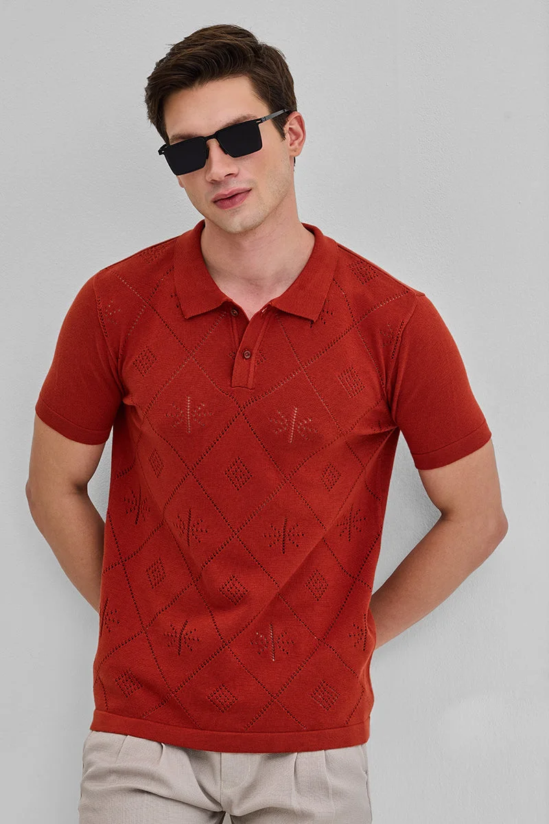 SNITCH Red Self-Design Knitted Polo T-Shirt
