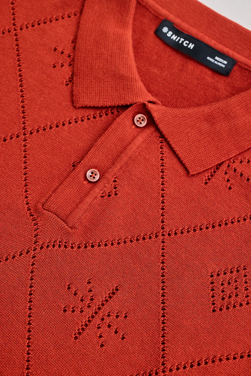 SNITCH Red Self-Design Knitted Polo T-Shirt
