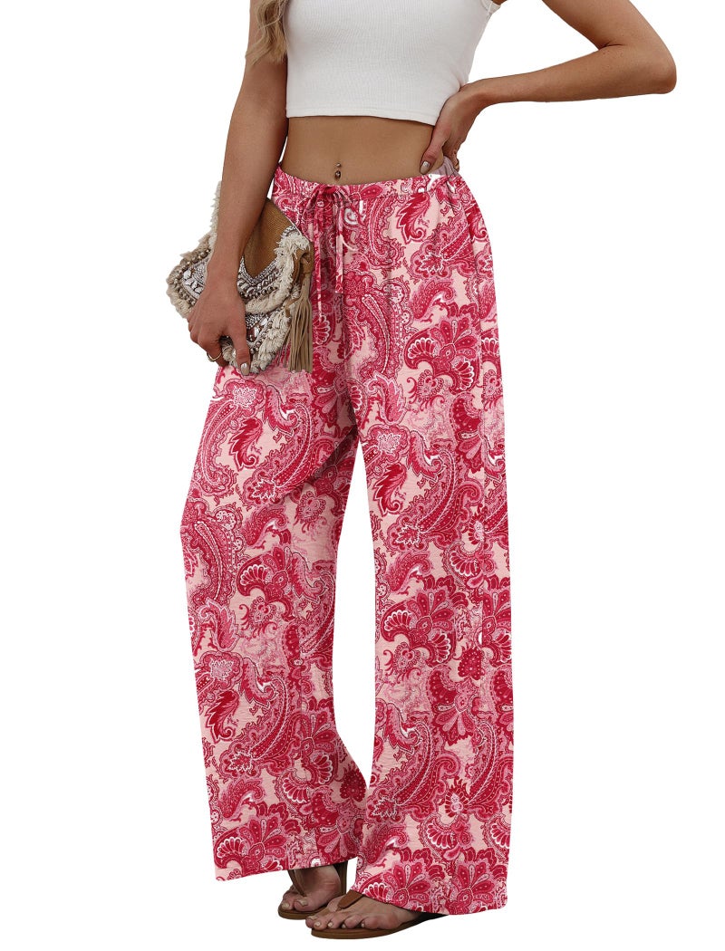 Sampeel Women's Clothing Boho Outfits Cute Vacation Beach Pants Summer Clothes 2026 Flowy Y2K Wide Leg Trousers Pink L - Image 4