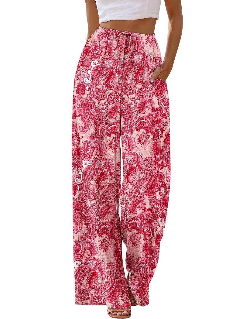Sampeel Women's Clothing Boho Outfits Cute Vacation Beach Pants Summer Clothes 2026 Flowy Y2K Wide Leg Trousers Pink L - Image 2