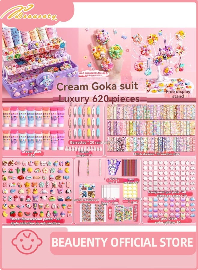 Beauenty 620 Pcs DIY Whipped Cream Clay Glue Set, Simulated DIY Making Art Craft Kit with Cartoon Stickers, Accessories, Key Chains with Storage Box for Gifting - Image 1