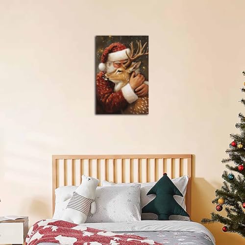 NTEUMM Santa Claus Hug Reindeer Canvas Poster Santa Canvas Wall Art Santa Claus Pictures of Christmas Santa Christmas Gift Wall Hanging Decor Canvas Roll 16x24 inch - Image 3