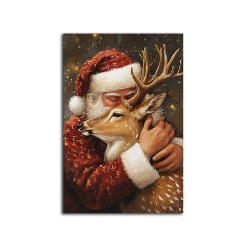 NTEUMM Santa Claus Hug Reindeer Canvas Poster Santa Canvas Wall Art Santa Claus Pictures of Christmas Santa Christmas Gift Wall Hanging Decor Canvas Roll 16x24 inch - Image 1