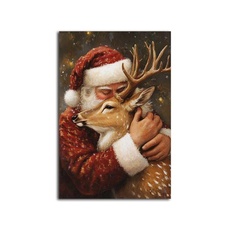 NTEUMM Santa Claus Hug Reindeer Canvas Poster Santa Canvas Wall Art Santa Claus Pictures of Christmas Santa Christmas Gift Wall Hanging Decor Canvas Roll 16x24 inch - Image 2