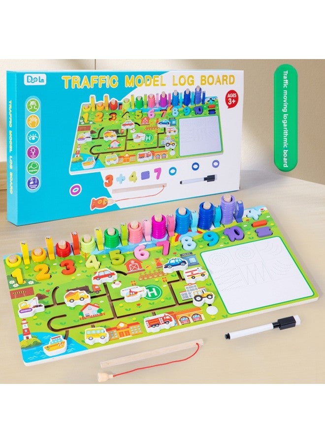 Children's Wooden Multifunctional Busy Logarithmic Board Eight-in-One Cognitive Matching Board Counting Fishing Walking Game Toy-Color:Traffic Log Board - Image 1