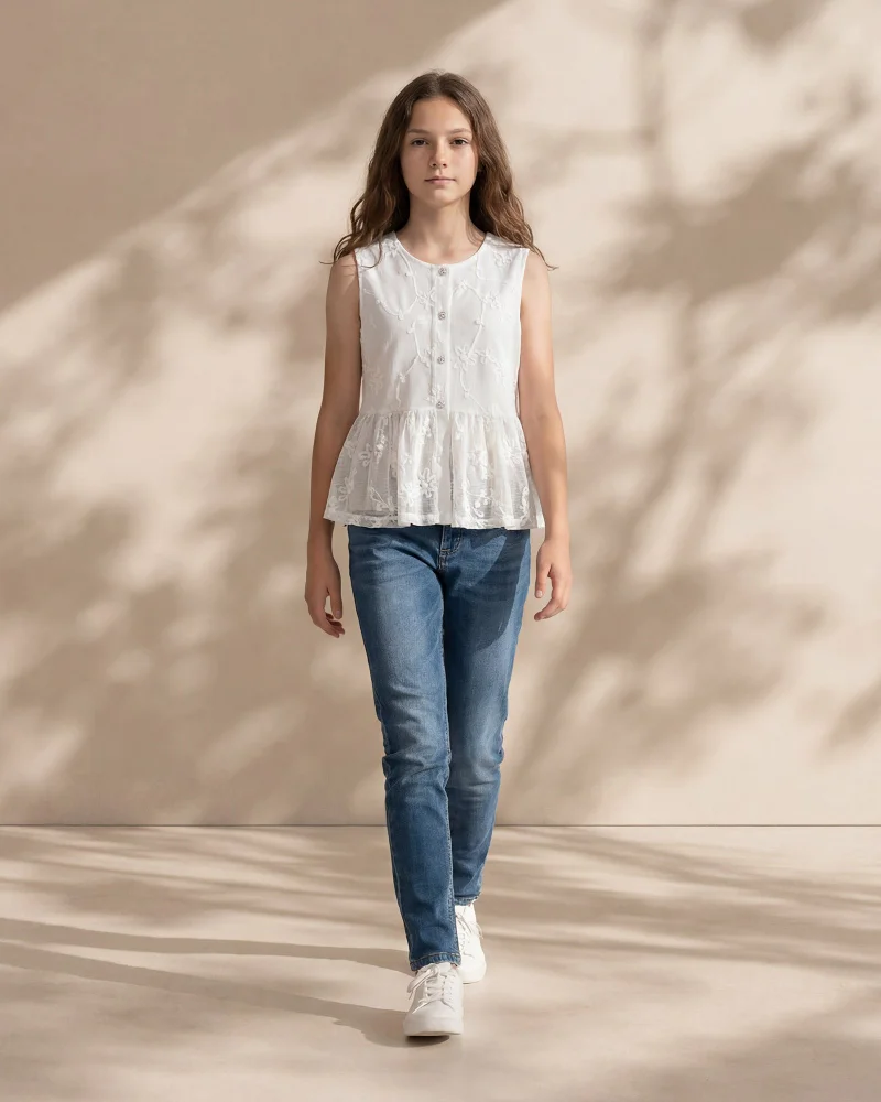 Redtag Senior Girls White Mesh Embroidered Peplum Top