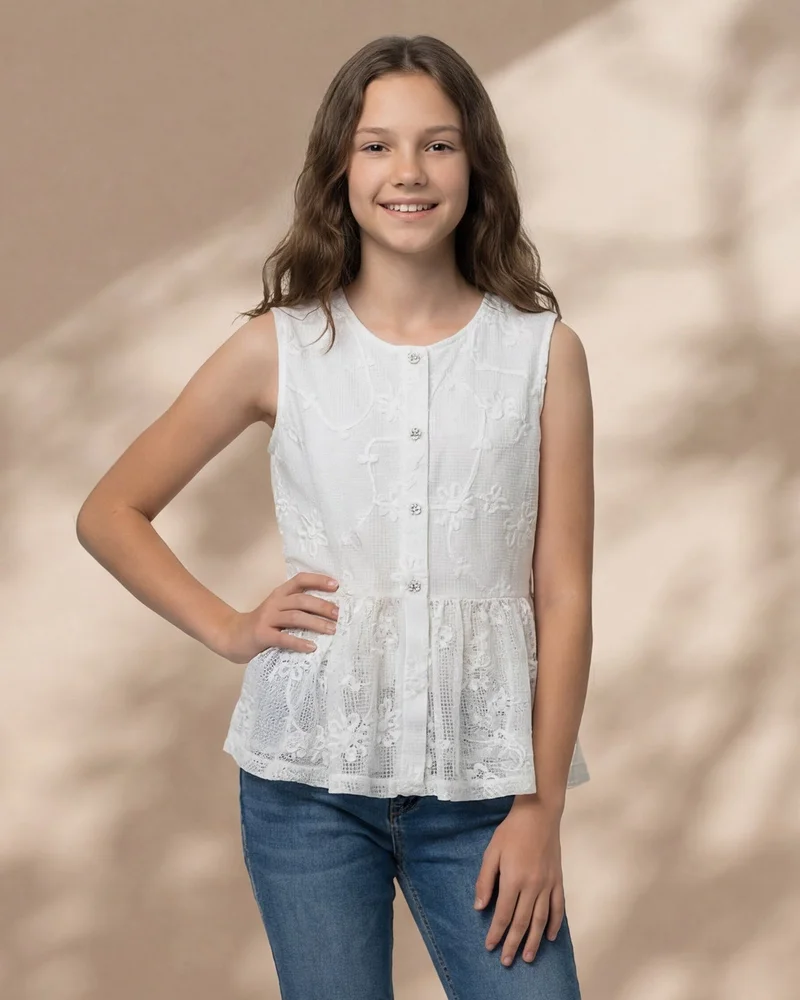 Redtag Senior Girls White Mesh Embroidered Peplum Top