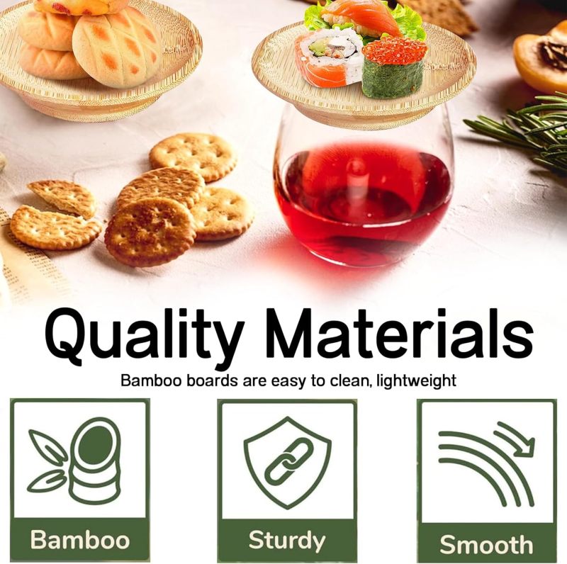 Wooden Wine Glass Topper: 10-Piece Natural Bamboo - Secure Fit Versatile Snack Presentation for Dinner Parties Bridal Showers Holiday Gatherings Home Entertainers - Image 4