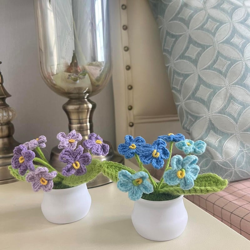 MofivKce Crochet Forget-Me-Not Potted Plants Handmade Artificial Flowers for Home Decor, Wedding, Birthday Gift for Friends and Family (Gradient Blue) - Image 3