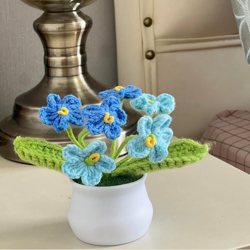 MofivKce Crochet Forget-Me-Not Potted Plants Handmade Artificial Flowers for Home Decor, Wedding, Birthday Gift for Friends and Family (Gradient Blue) - Image 2