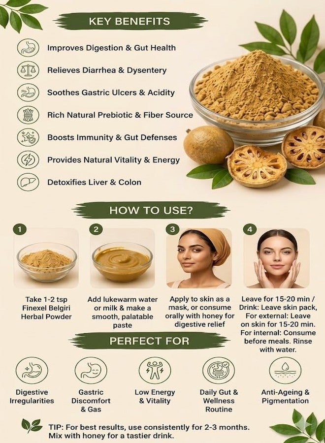 FINEXEL Natural Belgiri Powder 100gm | Aegle Marmelos (Bael Fruit) | Pure & Natural | No Added Chemicals | Fine Herbal Powder for Beverages, Recipes & Traditional Wellness Use - Image 5