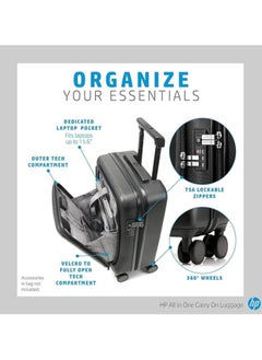 HP 20" Hard Case All in One Carry On Wheeled 42 LTR Cabin Luggage Trolley with Dedicated 15.6-inch Laptop Compartment (7ZE80AA)- Black  - Image 5