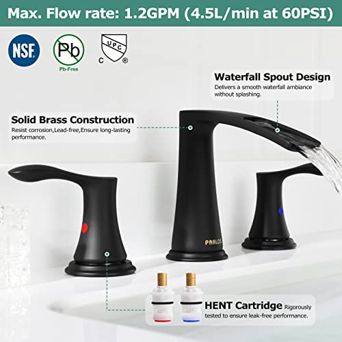 PARLOS Waterfall Widespread Bathroom Faucet Two Handles with Metal Pop Up Drain & cUPC Faucet Supply Lines, Matte Black, Demeter 1431804 - Image 2