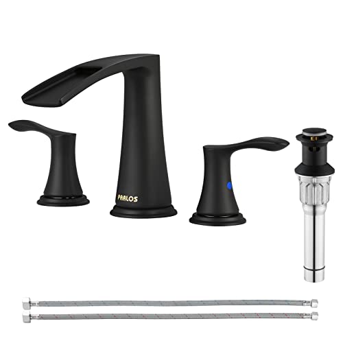 PARLOS Waterfall Widespread Bathroom Faucet Two Handles with Metal Pop Up Drain & cUPC Faucet Supply Lines, Matte Black, Demeter 1431804 - Image 1