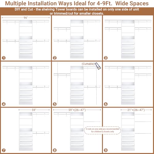 Aheaplus Closet System with 4 Drawers, 8FT Wood Closet Organizer System, 96’’ Closets Built In System Tower with Shelves, Walk-in Closets Wardrobe Clothes Garment Rack, Fits Spaces 4-9 ft, White - Image 4