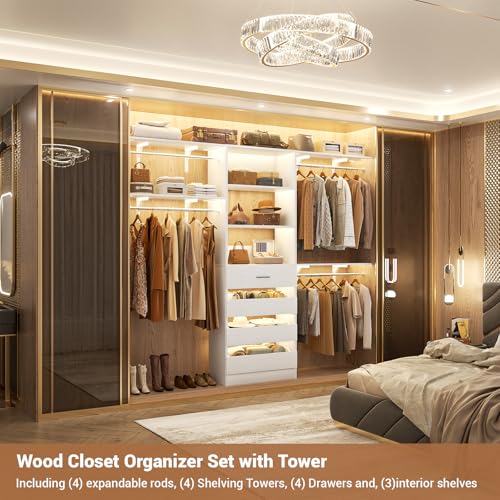 Aheaplus Closet System with 4 Drawers, 8FT Wood Closet Organizer System, 96’’ Closets Built In System Tower with Shelves, Walk-in Closets Wardrobe Clothes Garment Rack, Fits Spaces 4-9 ft, White - Image 5