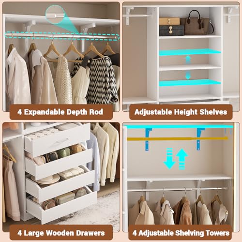 Aheaplus Closet System with 4 Drawers, 8FT Wood Closet Organizer System, 96’’ Closets Built In System Tower with Shelves, Walk-in Closets Wardrobe Clothes Garment Rack, Fits Spaces 4-9 ft, White - Image 3