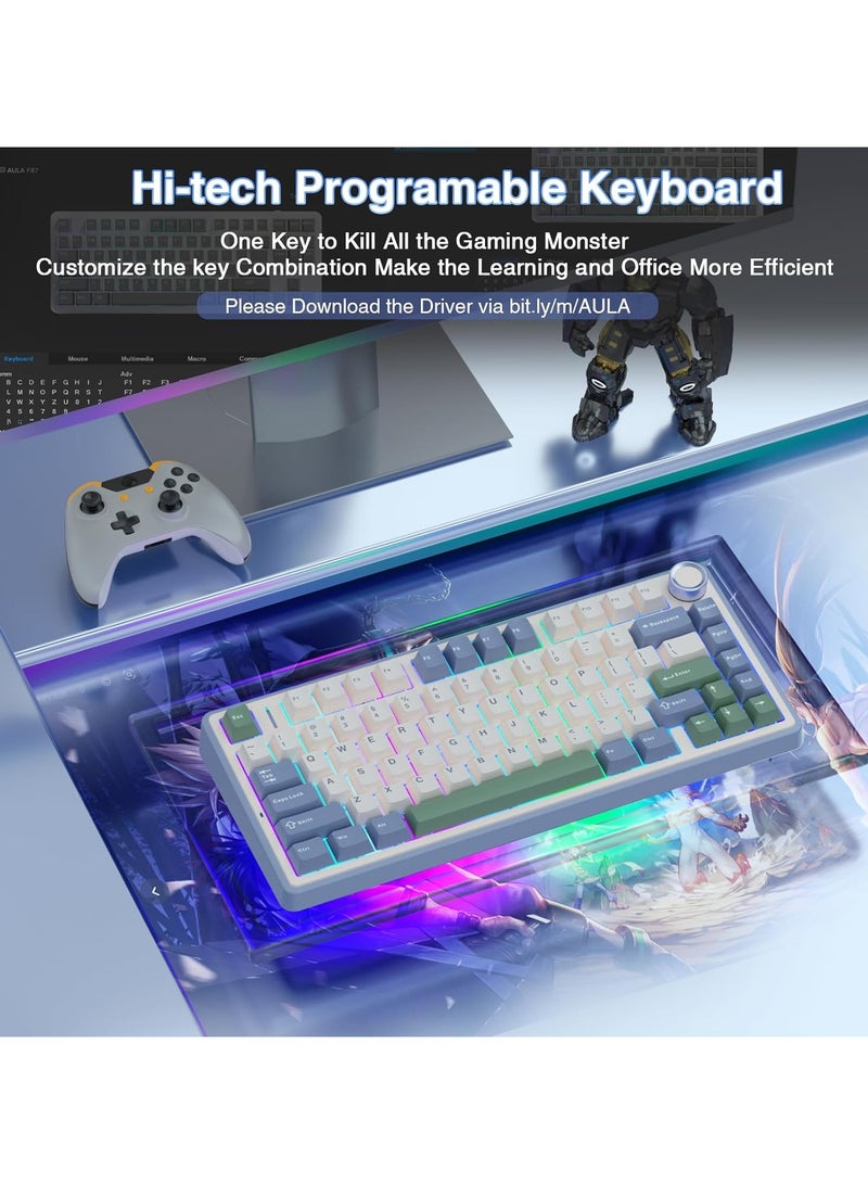 AULA لوحة مفاتيح ميكانيكية لاسلكية F75 75%، لوحة مفاتيح مخصصة قابلة للتبديل السريع، مفاتيح Reaper مسبقة التشحيم، لوحة مفاتيح ألعاب بإضاءة خلفية RGB، لوحة مفاتيح ميكانيكية 2.4 جيجا هرتز/Type-C/BT5.0 - Image 3