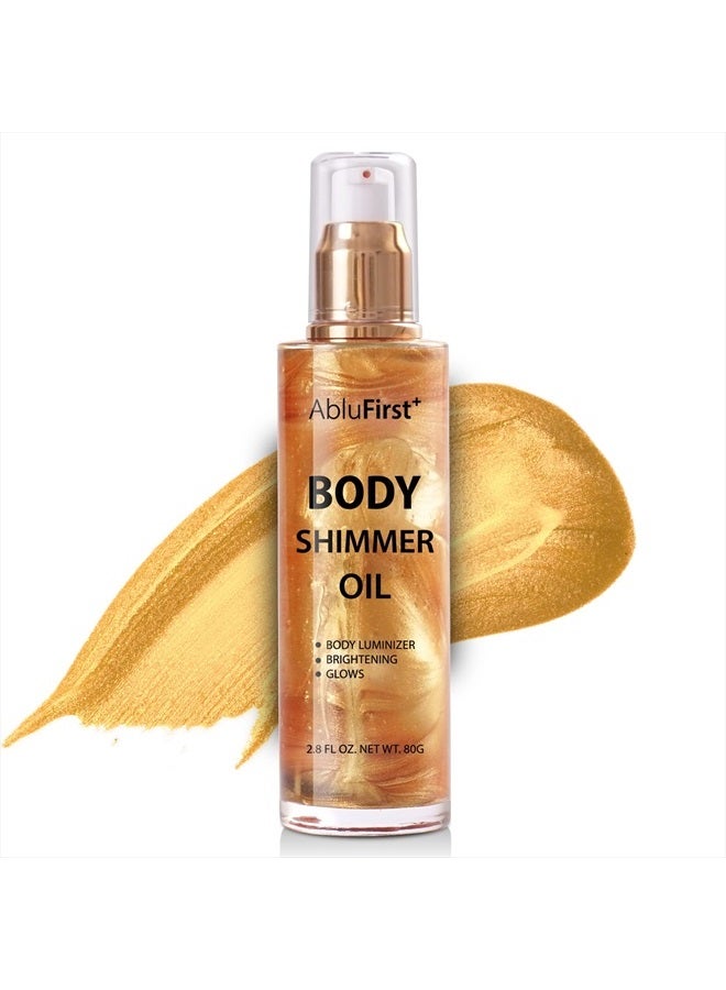AbluFirst Shimmer Body Oil 4 Colors Summer Body Glitter Moisturizing Light Shimmer Glow Non-Sticky Summer Body Luminizer and Illuminator Smooth (2.8 Fl Oz (Pack of 1), Gold) - Image 1