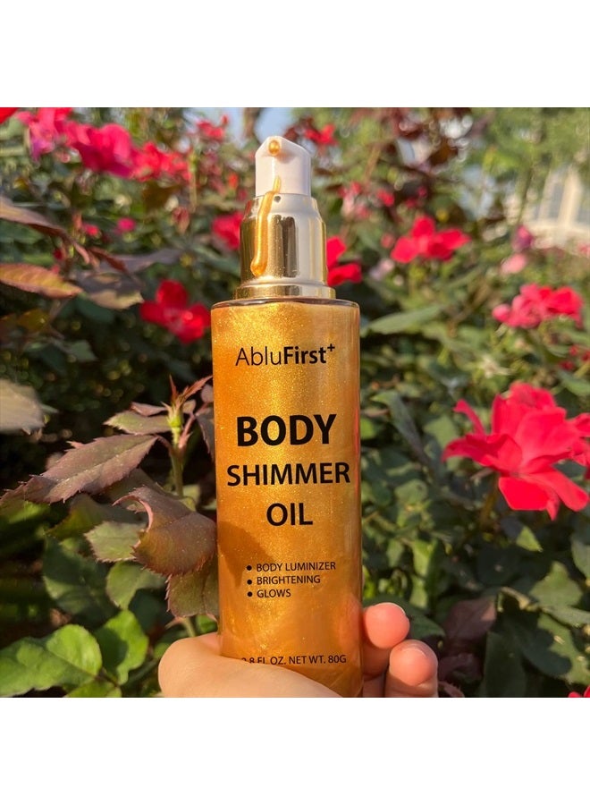 AbluFirst Shimmer Body Oil 4 Colors Summer Body Glitter Moisturizing Light Shimmer Glow Non-Sticky Summer Body Luminizer and Illuminator Smooth (2.8 Fl Oz (Pack of 1), Gold) - Image 2