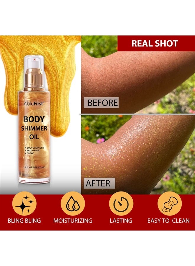 AbluFirst Shimmer Body Oil 4 Colors Summer Body Glitter Moisturizing Light Shimmer Glow Non-Sticky Summer Body Luminizer and Illuminator Smooth (2.8 Fl Oz (Pack of 1), Gold) - Image 3