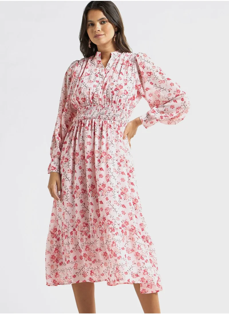 FAV Floral Print A-Line Dress With Seersucker Detail