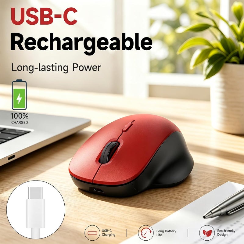 ماوس لاسلكي من memzuoix (BT5.3 و2.4G) قابل للشحن 800/1200/1600 DPI صامت USB C وماوس بلوتوث 4 أزرار - أحمر - Image 3