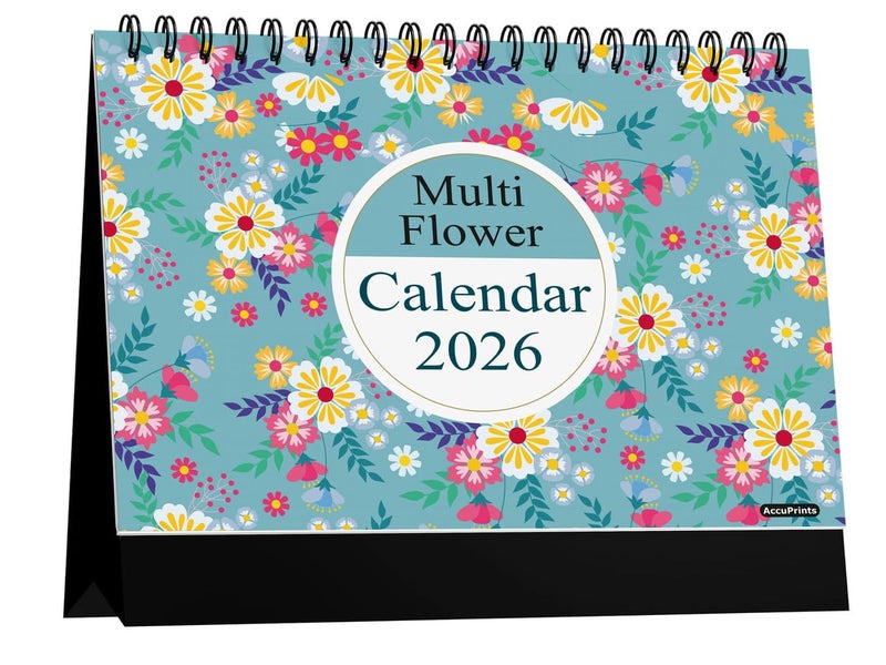 AccuPrints® l 2026 l Floral Desk Calendar l 12 Months l Includes Note and To.Do. Section l 250 GSM l Planning, Tracking & Scheduling l Black Wire. - Image 1
