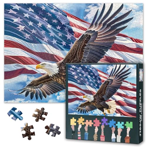 Rebotipy US American Flag Puzzles A Majestic Bald Eagle is Soaring in The Sky Picture Puzzle Power and Freedom Paintings Puzzles Modern Adults Jigsaw Puzzle 1000 Pieces Bald Eagle - Image 5