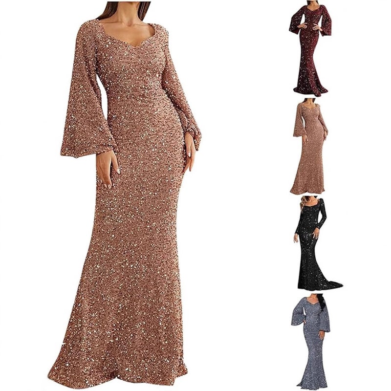 2026 New Fashion V-Neck Bodycon Sequin Dress Mid-Waist Bell Sleeve Long Evening Dress - Image 2