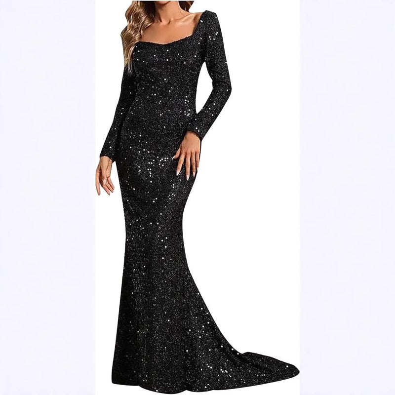 2026 New Fashion V-Neck Bodycon Sequin Dress Mid-Waist Bell Sleeve Long Evening Dress - Image 3