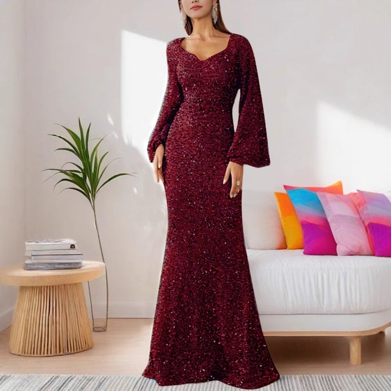 2026 New Fashion V-Neck Bodycon Sequin Dress Mid-Waist Bell Sleeve Long Evening Dress - Image 4