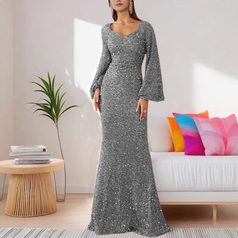 2026 New Fashion V-Neck Bodycon Sequin Dress Mid-Waist Bell Sleeve Long Evening Dress - Image 5