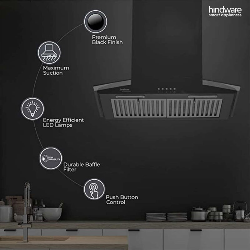HINDWARE SMART APPLIANCES Hindware Smart Appliances Floria 60 cm 1100 mhr Curved Glass Kitchen Chimney With Durable Baffle Filters Black  - Image 2