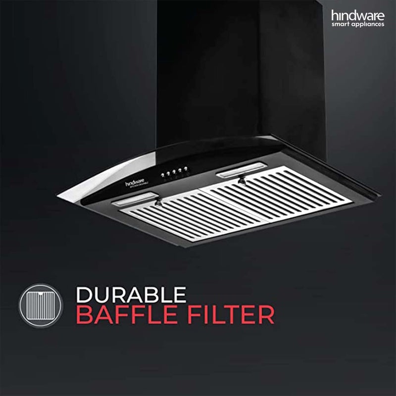 HINDWARE SMART APPLIANCES Hindware Smart Appliances Floria 60 cm 1100 mhr Curved Glass Kitchen Chimney With Durable Baffle Filters Black  - Image 3