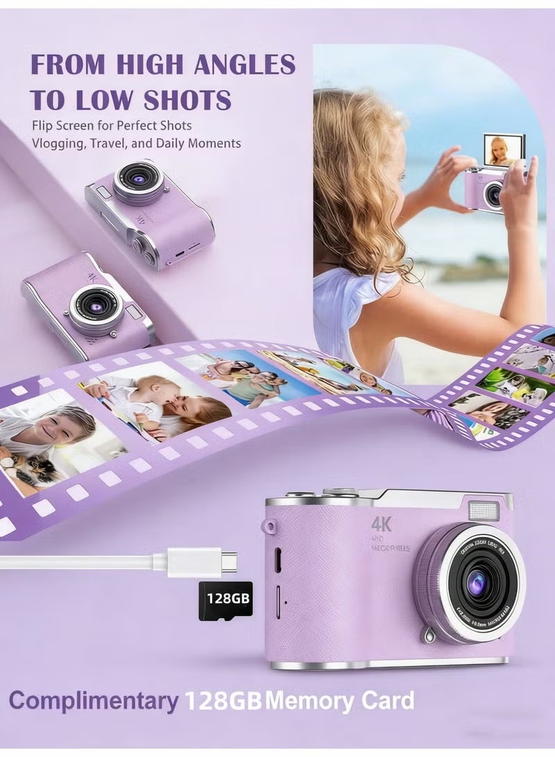 4k CCD Digital Zoom Student Digital Camera 48MP Portable Digital Photography Camera 180° Flip Screen Selfie Camera，with 128GB SD card - Image 5