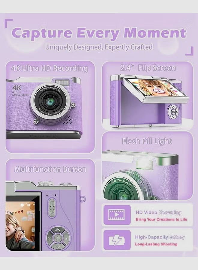 4k CCD Digital Zoom Student Digital Camera 48MP Portable Digital Photography Camera 180° Flip Screen Selfie Camera，with 128GB SD card - Image 2