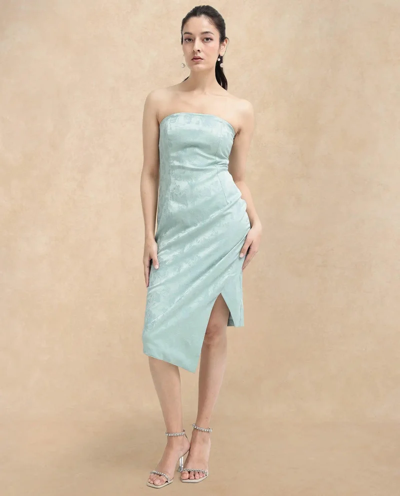 ريريزم Rareism Women Krakow Light Blue Polyester Fabric Sleeveless Tube Neck Zipper Closure Textured Bodycon Knee Length Dress