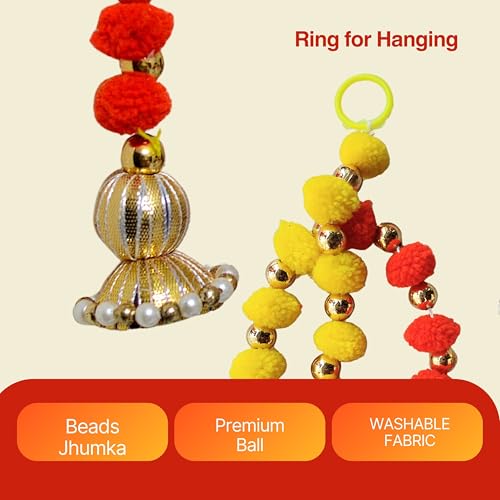 Joynagar Moti Ladi with Yellow Red Pompom Latkan Chain, 2 Ft Long, Pack of 4, Decorative Toran Garlands for Diwali, Home Decoration, Mandir & Backdrop Hanging - Image 2
