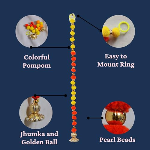 Joynagar Moti Ladi with Yellow Red Pompom Latkan Chain, 2 Ft Long, Pack of 4, Decorative Toran Garlands for Diwali, Home Decoration, Mandir & Backdrop Hanging - Image 3