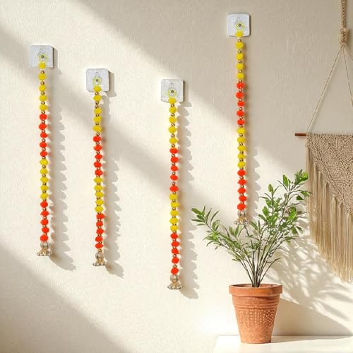 Joynagar Moti Ladi with Yellow Red Pompom Latkan Chain, 2 Ft Long, Pack of 4, Decorative Toran Garlands for Diwali, Home Decoration, Mandir & Backdrop Hanging - Image 1