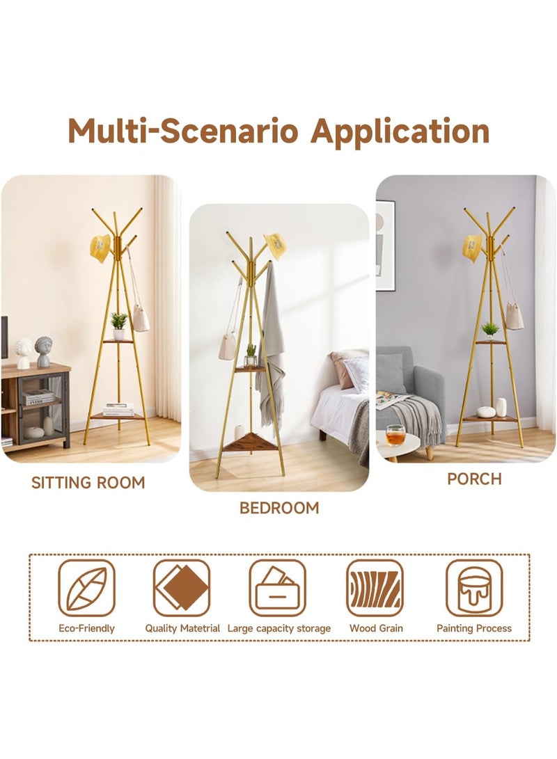 Arabest Coat Rack Freestanding, Hall Tree with 2 Shelves, Clothes Rack for Hat, Clothes, Bag, Hanger Stand for Entryway/Living Room/Bedroom/Ofiice, Golden - Image 3
