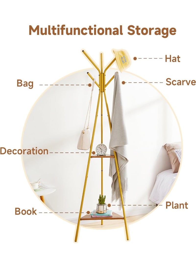 Arabest Coat Rack Freestanding, Hall Tree with 2 Shelves, Clothes Rack for Hat, Clothes, Bag, Hanger Stand for Entryway/Living Room/Bedroom/Ofiice, Golden - Image 2